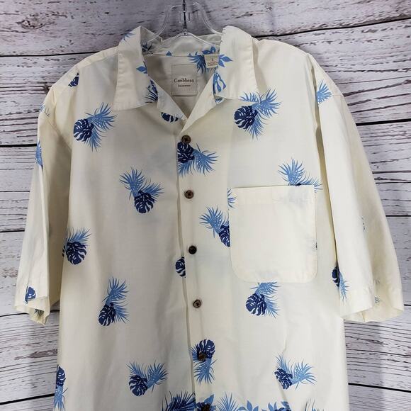 Caribbean Swimwear Men's Blue Cream Hawaiian Short Sleeve Shirt Size Large - Picture 2 of 14